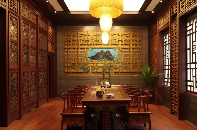 红色中式茶楼会客装修餐桌内景拍摄,高清,摄影图,摄影图片,图片大全,摄影图免费下载